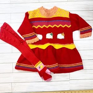 Little Girls Vintage Knit Sweater Dress Tights Set Red Yellow Size 2A 2T unique